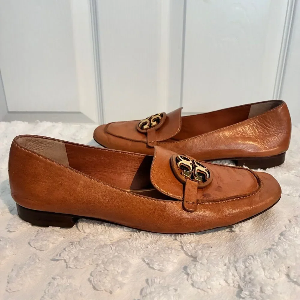 Tory Burch Miller Leather Loafers Cognac Brown Metal Logo Size 6.5